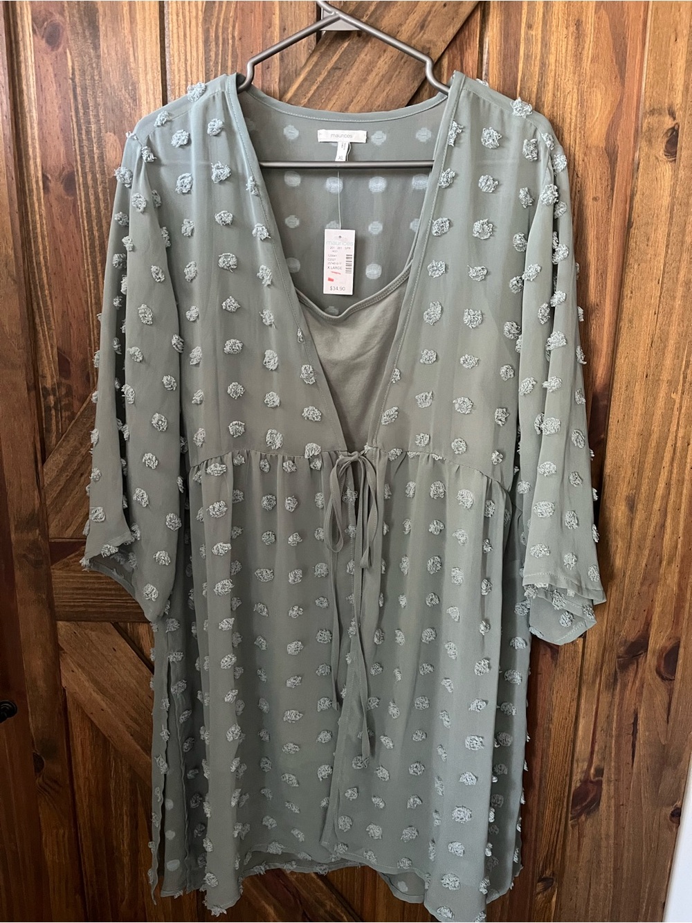 Maurices Sage Green Textured Dot Tie-Front Women's Top